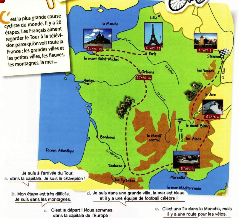 Map of France with the route of the Tour de France from Strasbourg through the Alps, Marseille, Toulouse, Orléans and the Mont-Saint-Michel to Paris, with rivers, mountains and seas