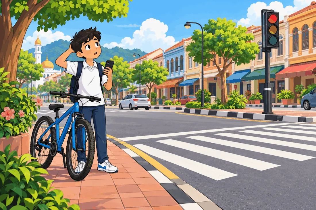 A boy with a bicycle and a phone stops beside a zebra crossing, looking lost