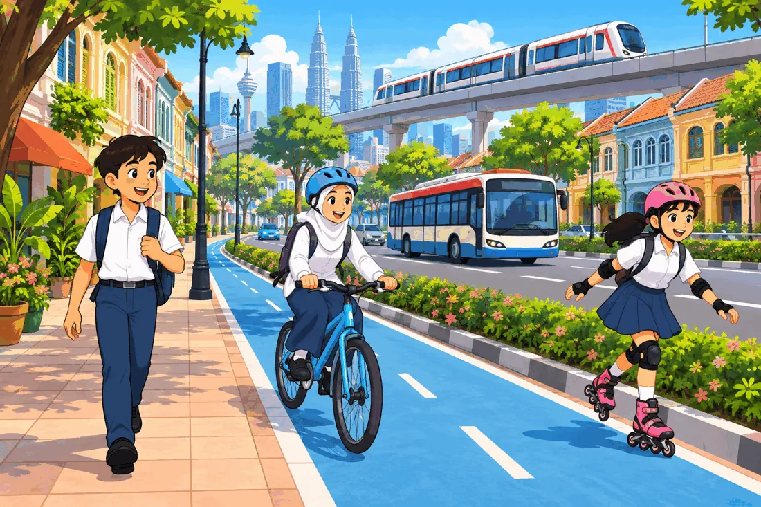 A student walking, a student cycling in a cycle lane and a girl on roller skates, with a bus and a train behind