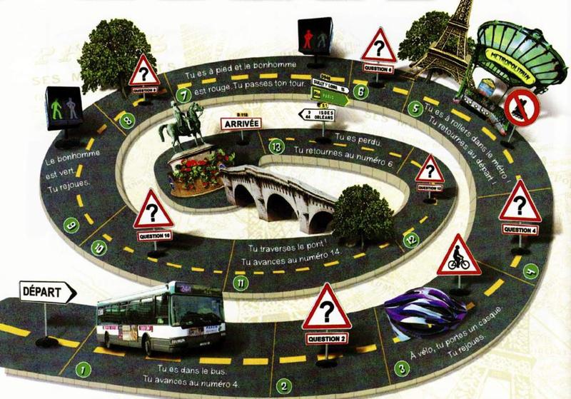 A board game shaped like a spiral road through Paris, from DÉPART past a bus, a bike helmet, a metro entrance, the Eiffel Tower, traffic lights and a bridge to ARRIVÉE, with numbered squares and question signs