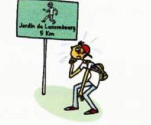 A tired walker next to a sign that says Jardin du Luxembourg 5 km