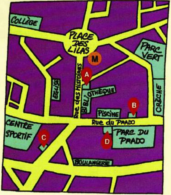 Street plan around Place des Lilas: a metro station M, rue des Histoires going down past a library, rue du Prado crossing it, a swimming pool, Parc du Prado, Centre sportif, a church, Parc vert, a crèche, a bakery and four houses marked A, B, C and D