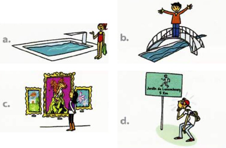 Four drawings: a girl next to a swimming pool, a boy standing on a bridge, a girl inside a museum looking at paintings, a tired walker next to a sign Jardin du Luxembourg 5 km