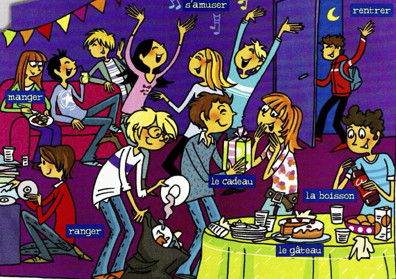 A birthday party with teenagers dancing, eating, giving a present, tidying up and one boy going home; labels manger, s’amuser, rentrer, le cadeau, la boisson, ranger, le gâteau