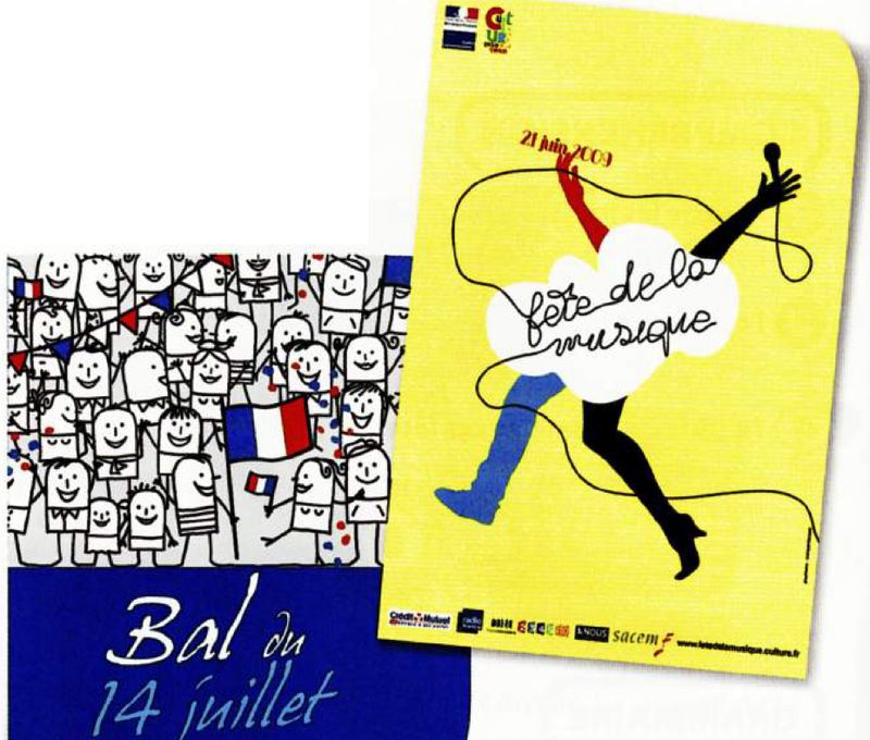 Two posters: a crowd waving French flags for the Bal du 14 juillet, and a yellow poster for the fête de la musique on 21 June