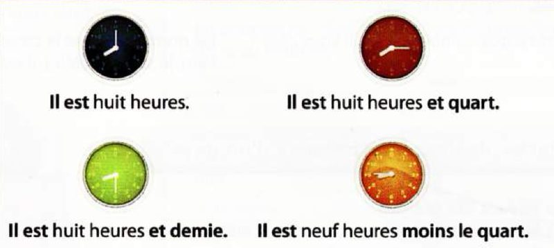 Four clocks: eight o’clock, quarter past eight, half past eight and quarter to nine, with the French sentences under them