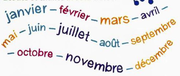 The twelve months in French written in different colours: janvier, février, mars, avril, mai, juin, juillet, août, septembre, octobre, novembre, décembre