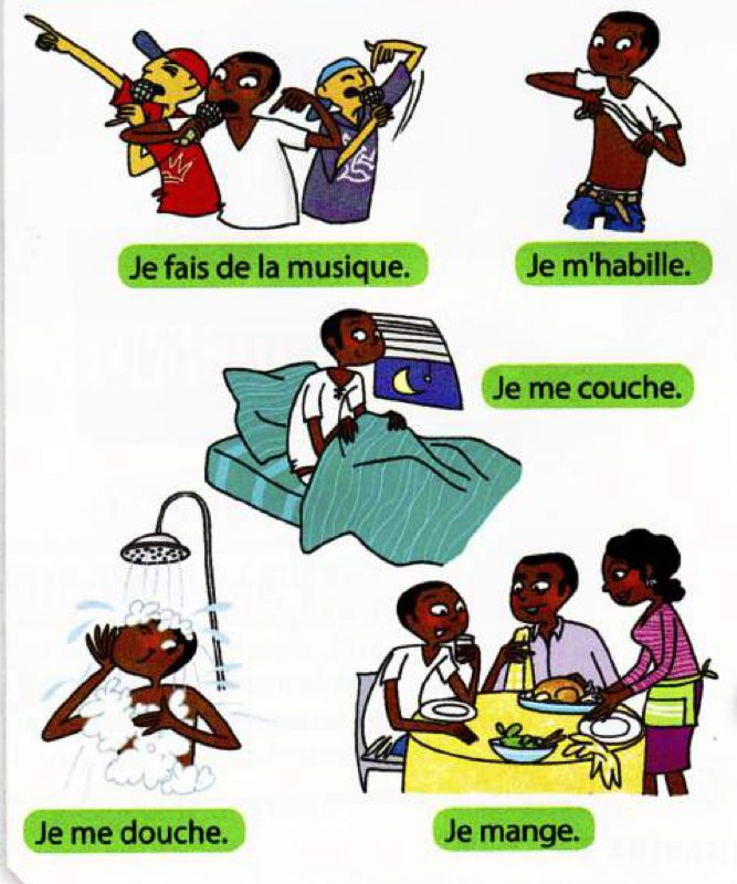 Five drawings: friends singing, a boy putting on a T-shirt, a boy in bed at night, a boy in the shower, a family eating dinner. The French labels are under them.