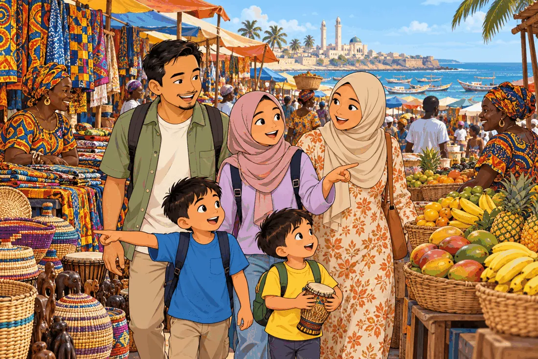 A family in a busy market in Dakar with fabrics, fruit stalls and the sea