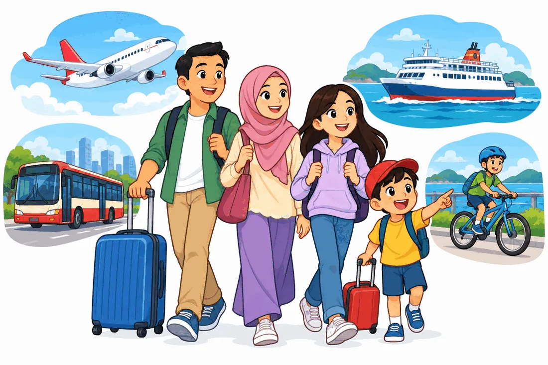 A family with suitcases and, around them, a plane, a ferry, a bus and a boy on a bicycle