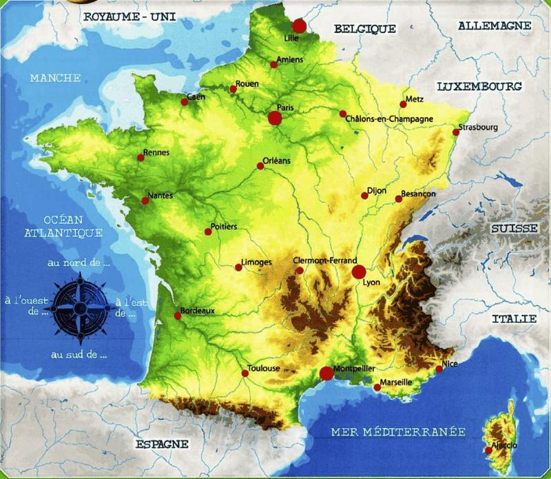 Map of France with its cities and neighbours: Royaume-Uni and la Manche to the north-west, Belgique and Luxembourg to the north and north-east, Allemagne and Suisse to the east, Italie to the south-east, Espagne to the south, the Mediterranean Sea to the south and the Atlantic Ocean to the west