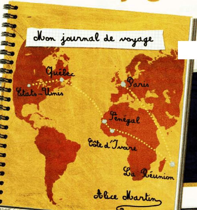 Alice's travel journal: a world map with her route from Paris to la Réunion, Côte d'Ivoire, Sénégal, Québec and the United States