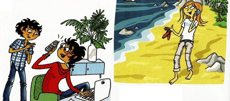 Samuel's mother answers the phone at home while Samuel waits next to her; Alice is on a beach by the sea with her phone