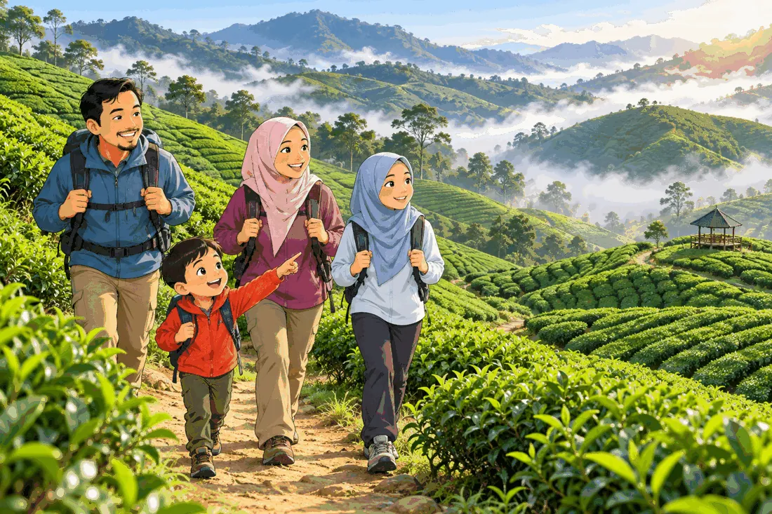 A family walking on a path through tea plantations in the misty Cameron Highlands