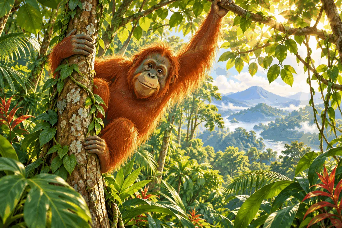 An orang-utan climbing a tree in a rainforest