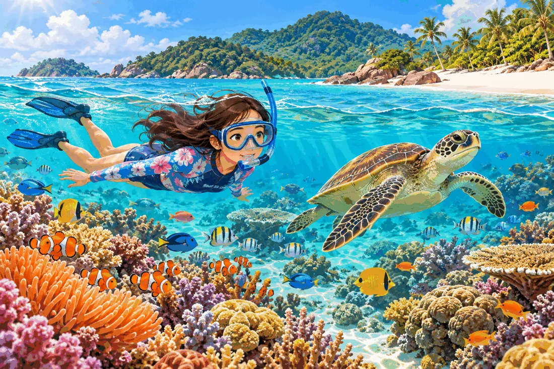 A girl snorkelling over a coral reef with a sea turtle and colourful fish