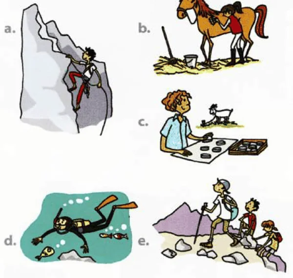 Five drawings: a: a boy climbing a rock, b: a girl brushing a horse, c: a woman making cheeses, d: a diver with fish, e: a family hiking in the mountains