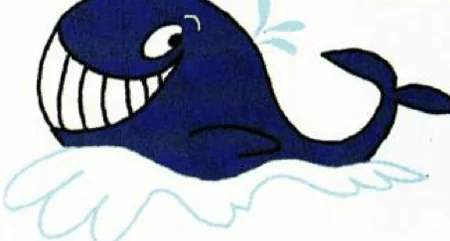 A cartoon of a blue whale with a water spout