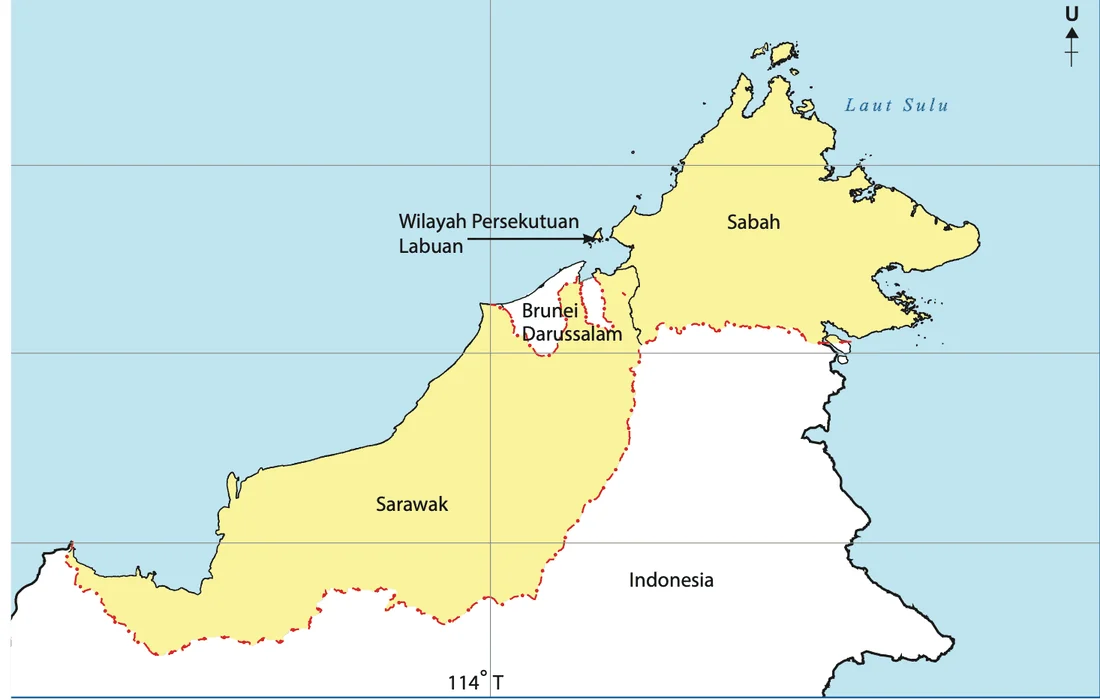 Peta Sabah, Sarawak dan Wilayah Persekutuan Labuan di Pulau Borneo