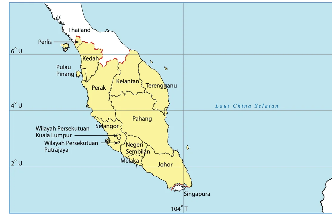 Peta Semenanjung Malaysia dengan nama 11 negeri serta Wilayah Persekutuan Kuala Lumpur dan Putrajaya