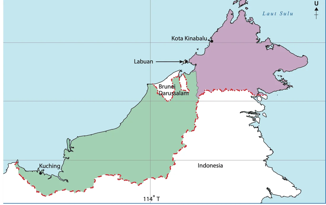 Peta Sabah dan Sarawak dengan Kota Kinabalu, Kuching dan Labuan