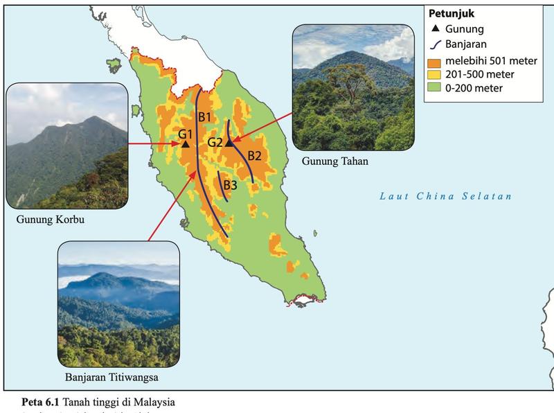 Peta 6.1 tanah tinggi di Semenanjung Malaysia dengan banjaran B1 hingga B3 dan gunung G1, G2