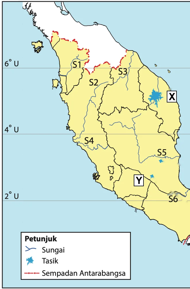 Peta Semenanjung Malaysia dengan sungai berlabel S1 hingga S6 dan tasik berlabel X dan Y
