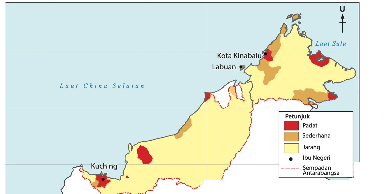 Peta taburan penduduk Sabah dan Sarawak: kebanyakannya kuning (jarang), merah di sekitar Kuching dan Kota Kinabalu
