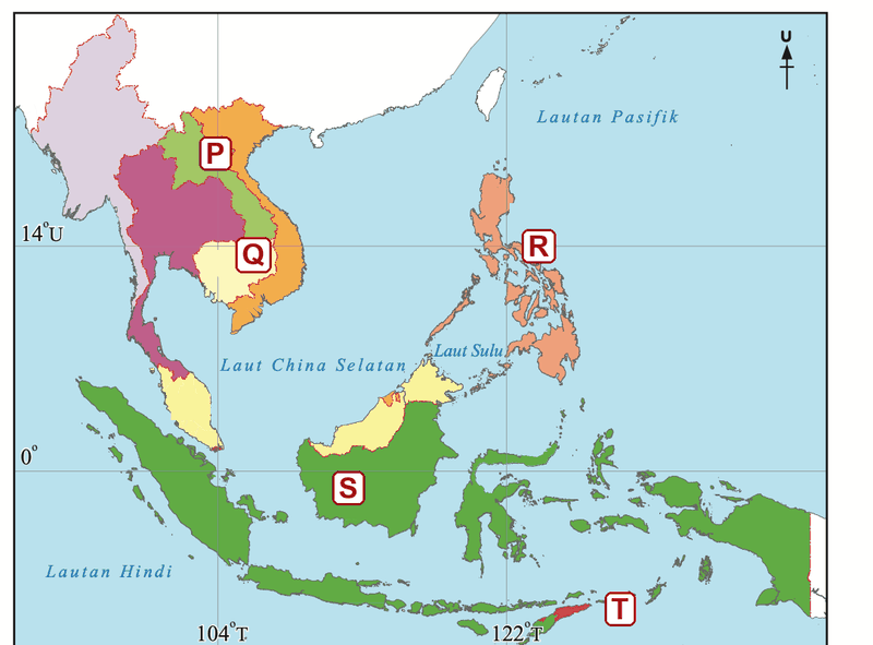 Peta Asia Tenggara berwarna mengikut negara dengan lima negara berlabel P, Q, R, S dan T
