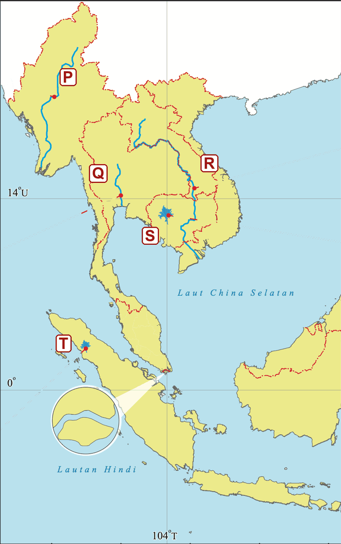 Peta Tanah Besar Asia Tenggara dan Sumatera dengan tiga sungai berlabel P, Q dan R serta dua tasik berlabel S dan T