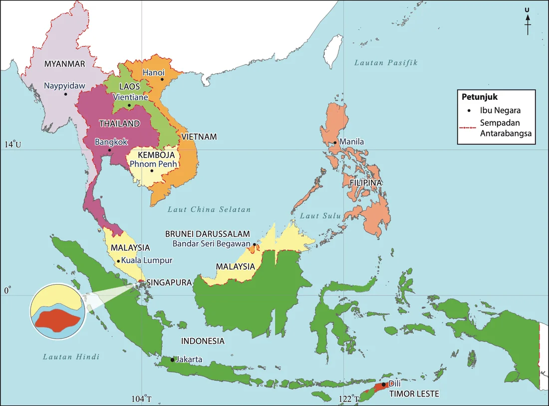 Peta politik Asia Tenggara berwarna dengan nama negara, ibu negara dan sempadan antarabangsa