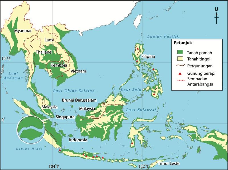 Peta bentuk muka bumi Asia Tenggara: hijau tanah pamah, kuning tanah tinggi, garis coklat pergunungan, segi tiga merah gunung berapi di Indonesia dan Filipina