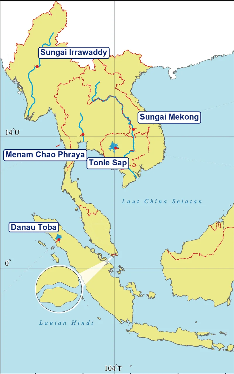 Peta Tanah Besar Asia Tenggara dengan sungai berwarna biru dan dua tasik: Sungai Irrawaddy di Myanmar, Menam Chao Phraya di Thailand, Sungai Mekong, Tonle Sap di Kemboja dan Danau Toba di Sumatera
