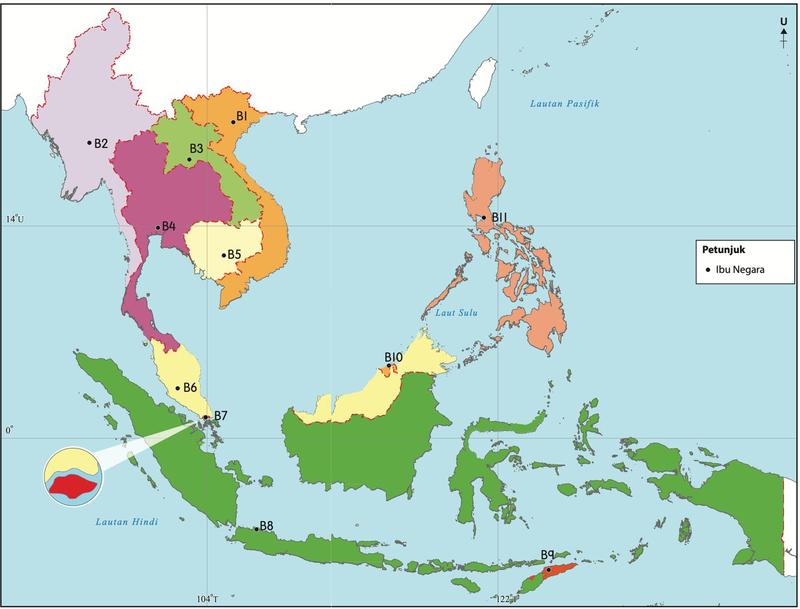 Peta Asia Tenggara dengan ibu negara bertanda B1 hingga B11