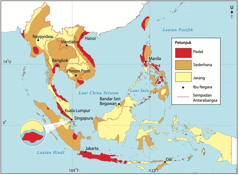 Peta taburan penduduk Asia Tenggara: merah padat, jingga sederhana, kuning jarang, dengan ibu negara bertanda titik