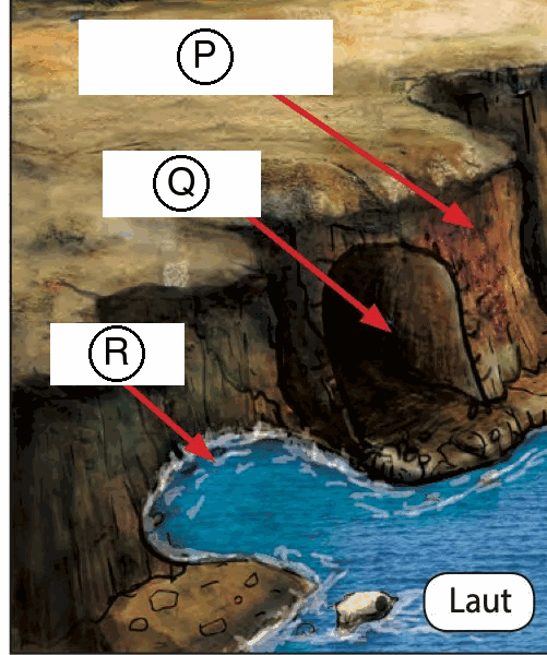 Ilustrasi pantai berbatu: P menunjuk dinding batu yang tinggi dan curam menghadap laut, Q menunjuk lekukan besar pada dinding batu itu, R menunjuk kawasan laut yang menjorok ke dalam daratan