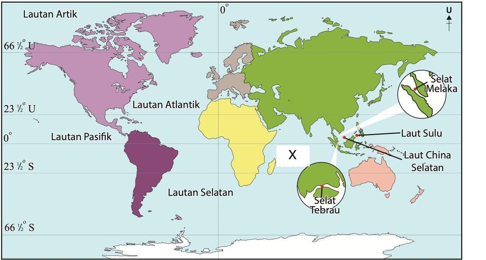 Peta dunia dengan nama lautan; sebuah lautan di antara Afrika, Asia dan Australia dilabel X