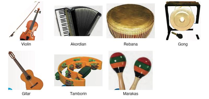 Violin, akordian, rebana, gong, gitar, tamborin dan marakas