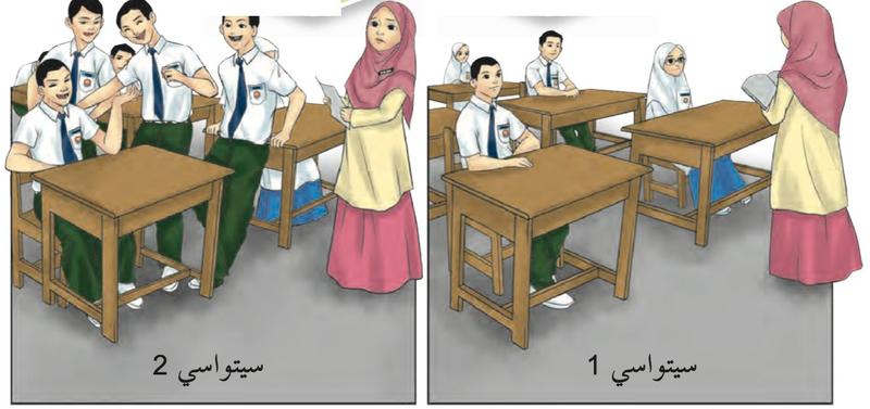 Situasi 1: murid duduk dengan tertib. Situasi 2: murid bergurau senda ketika guru masuk.