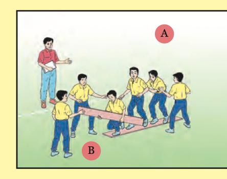 Murid memegang tangan satu sama lain sambil menyeberang di atas dua keping papan, dengan titik A dan titik B ditanda pada permukaan padang
