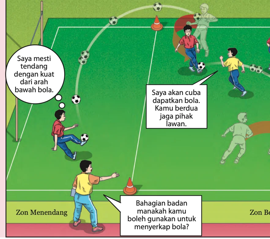 Lukisan murid menendang bola lambung dalam permainan serangan udara