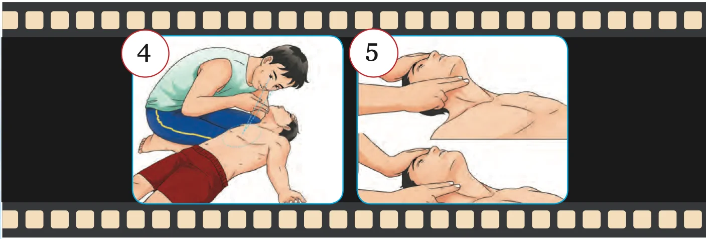 Garis masa gambar 4 dan 5: melihat dan mendengar pernafasan, memeriksa nadi di leher