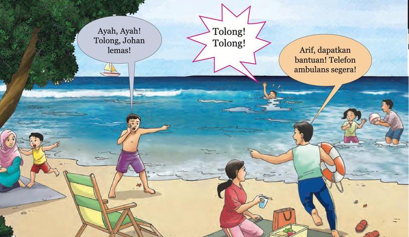 Pemandangan pantai: seorang budak lemas di laut, orang dewasa membawa pelampung, seorang lagi disuruh menelefon ambulans