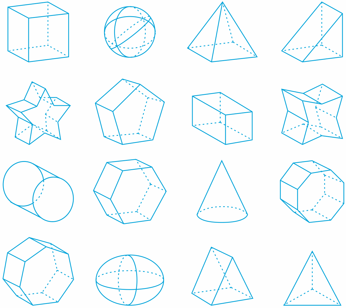 Enam belas bentuk asas 3D: kubus, sfera, piramid, prisma, silinder, kon dan lain-lain