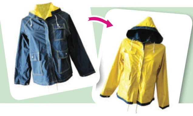 Jaket biru dan jaket yang sama diterbalikkan menjadi baju hujan kuning