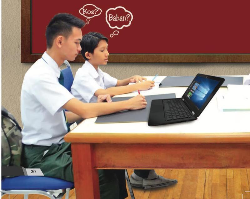 Dua murid merancang projek di meja dengan komputer riba; awan fikiran bertulis Kos? dan Bahan?