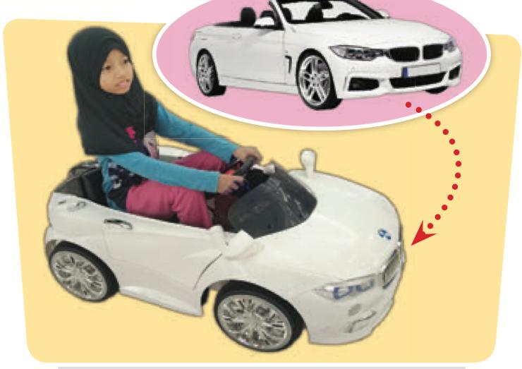 Kanak-kanak memandu kereta mainan elektrik yang menyerupai kereta sebenar