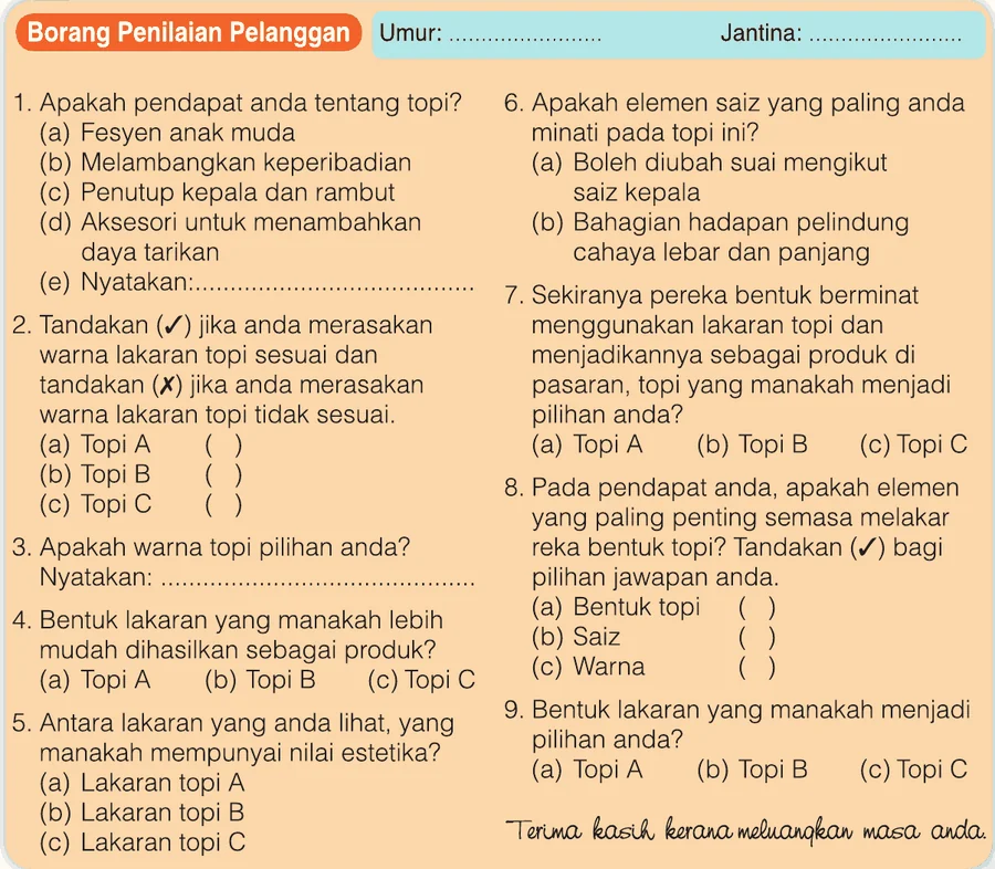 Contoh Borang Penilaian Pelanggan dengan sembilan soalan tentang topi
