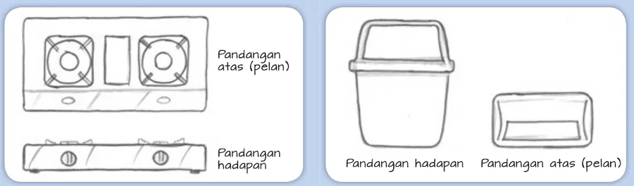 Lakaran 2D dapur gas dan tong sampah