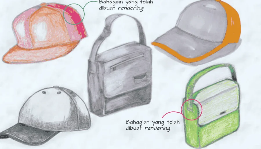 Topi dan beg yang telah diwarnakan dengan teknik rendering
